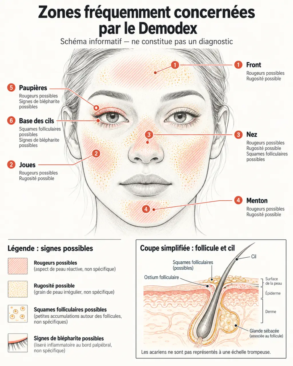 Schéma des symptômes du Demodex sur le visage, les paupières et la base des cils