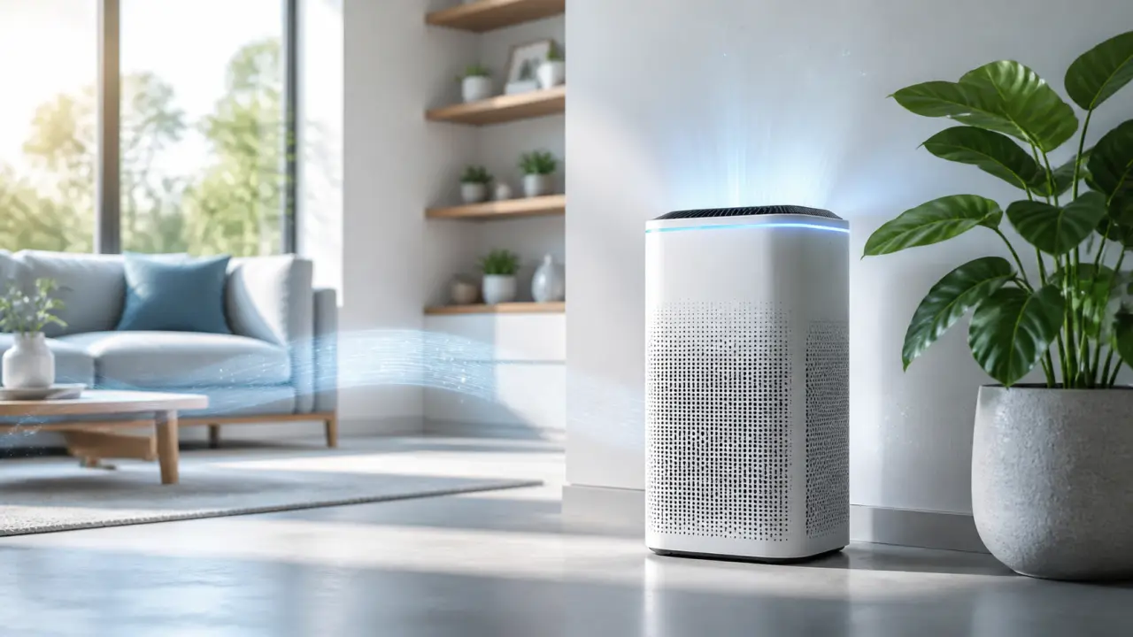 Visualisation 3D d’un flux d’air purifiant des particules virales stylisées