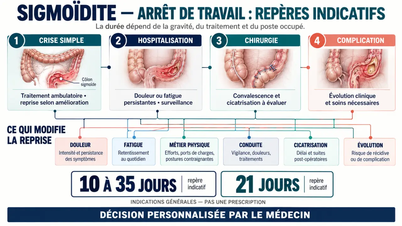 Infographie sur la sigmoïdite et la durée d’arrêt de travail selon la gravité, le métier et la chirurgie