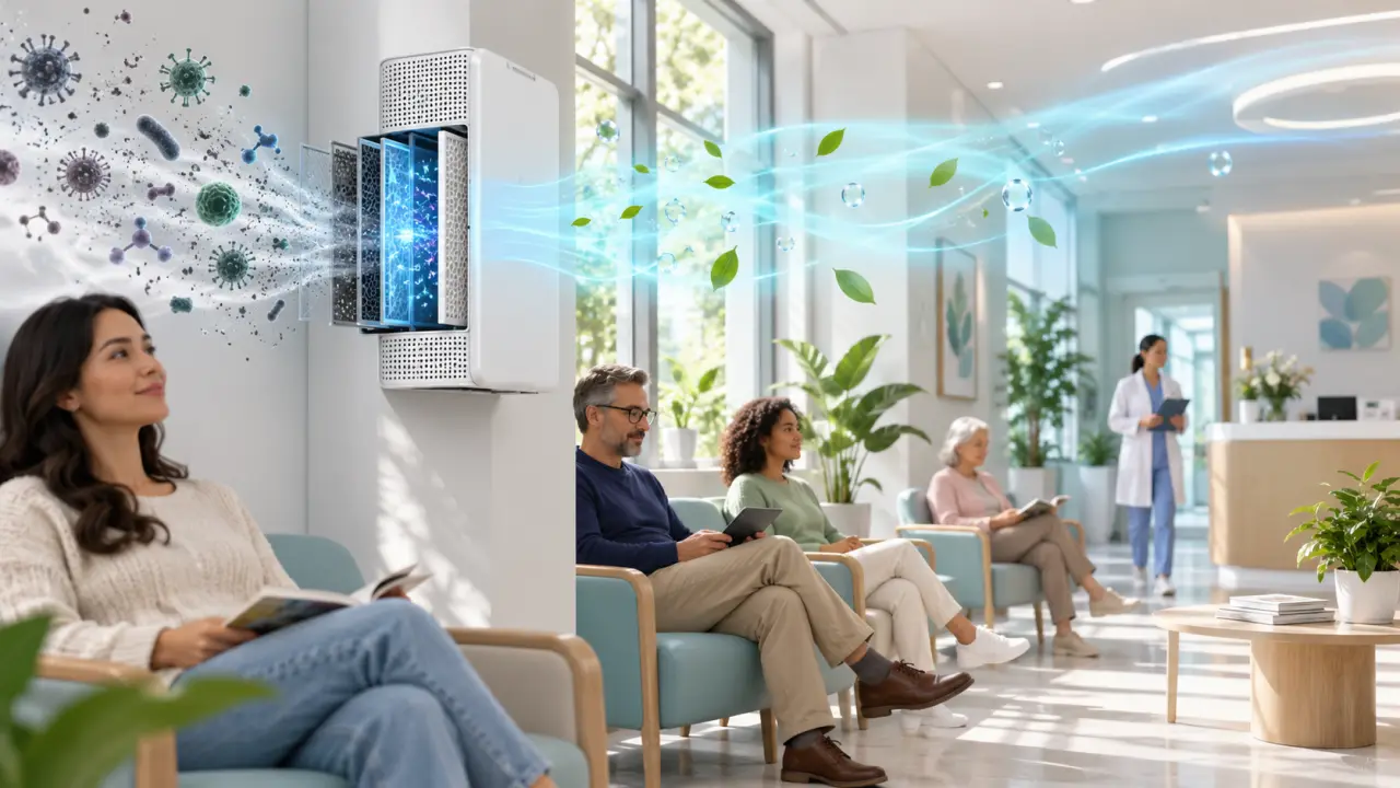 Salle d’attente médicale lumineuse équipée d’une solution de purification de l’air
