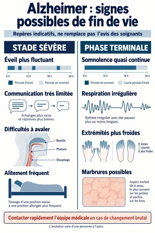 Infographie des signes de fin de vie pour un Alzheimer, du stade sévère à la phase terminale