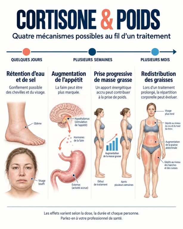 La cortisone fait grossir : infographie sur la rétention d’eau, l’appétit et la prise de graisse selon la durée du traitement