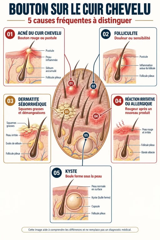 Infographie des causes possibles d’un bouton sur le cuir chevelu et des signes associés