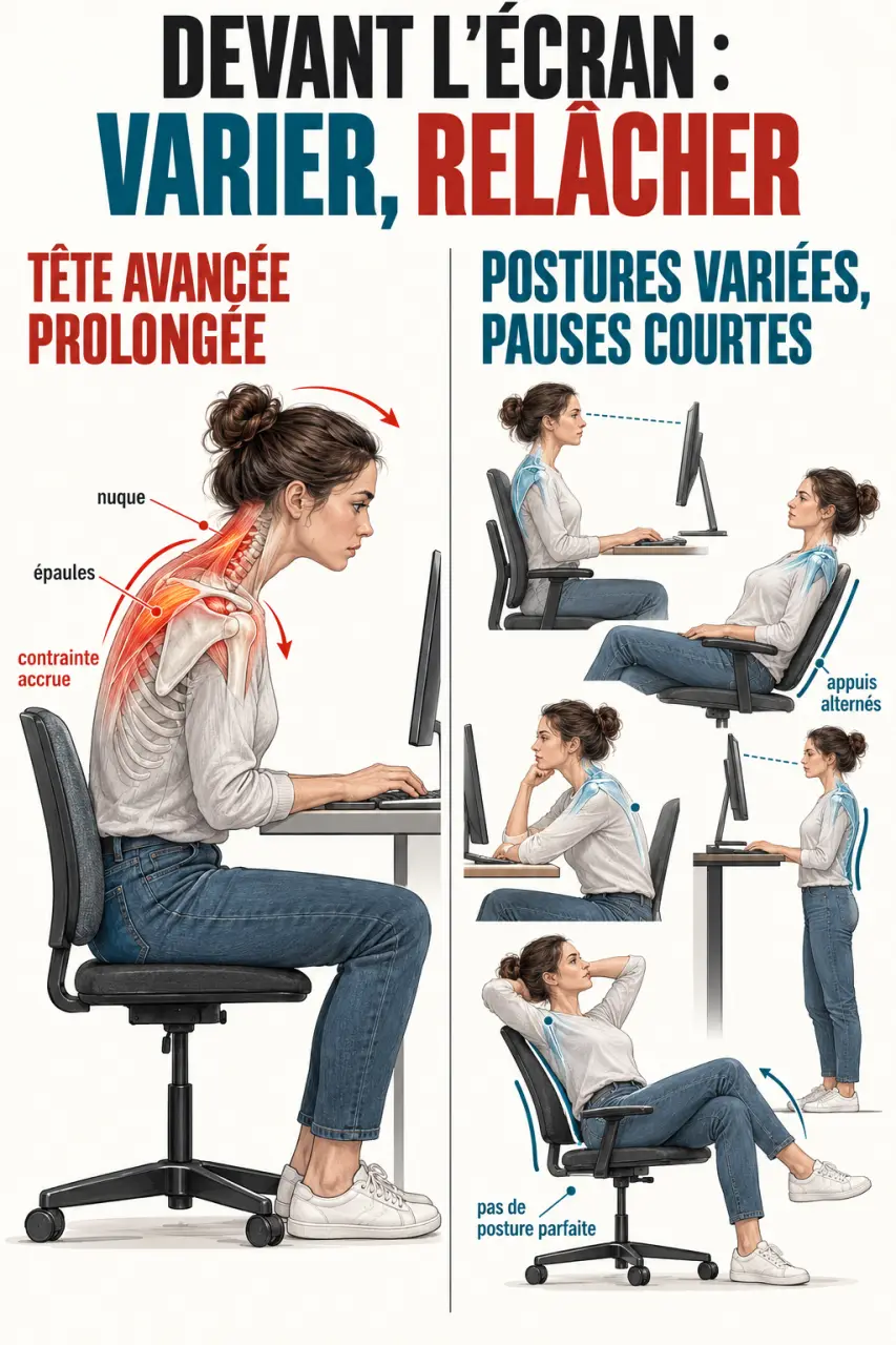 Illustration des postures et contraintes cervicales pouvant favoriser une douleur derrière la tête