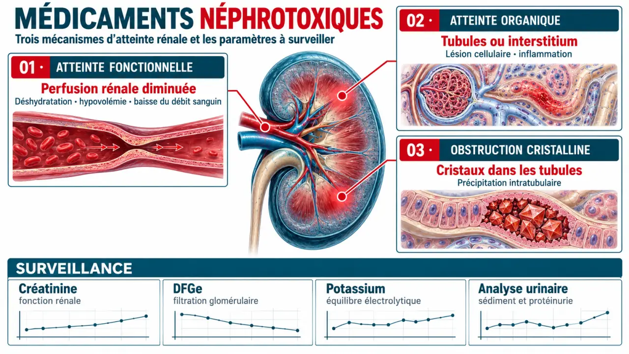 Médicaments néphrotoxiques : schéma des mécanismes d'atteinte rénale et de la surveillance