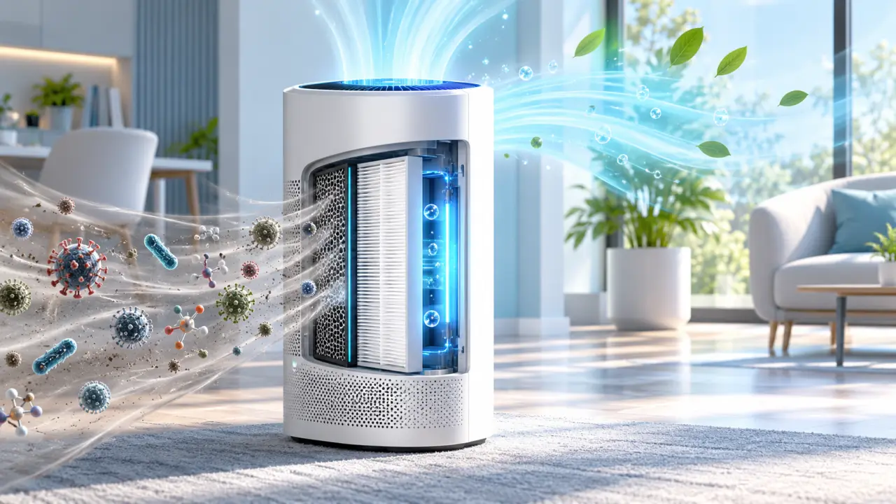 Purificateur d’air dans un intérieur lumineux, avec des particules virales stylisées filtrées