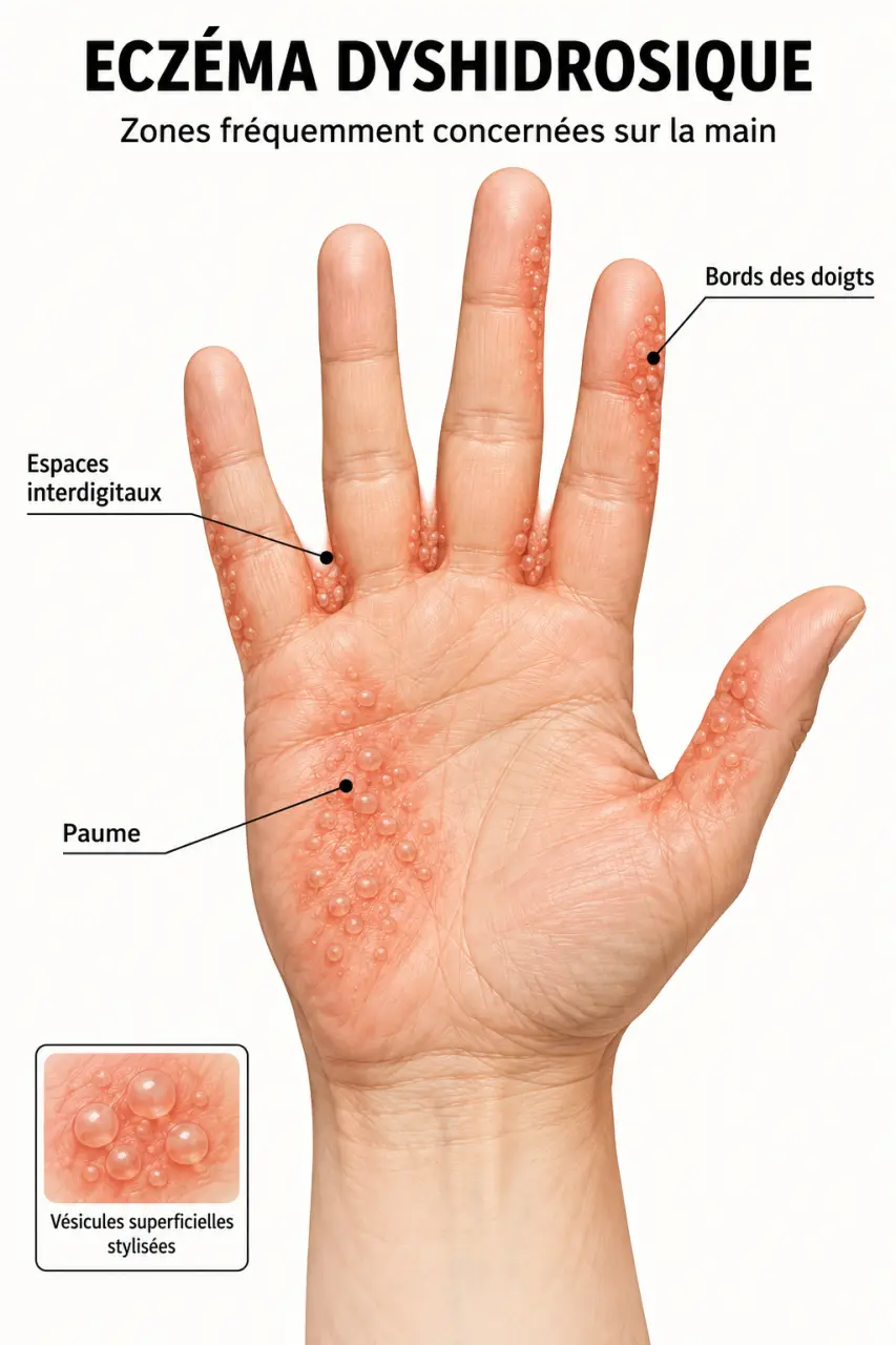 Schéma des zones touchées par l’eczéma dyshidrose main sur la paume et les côtés des doigts