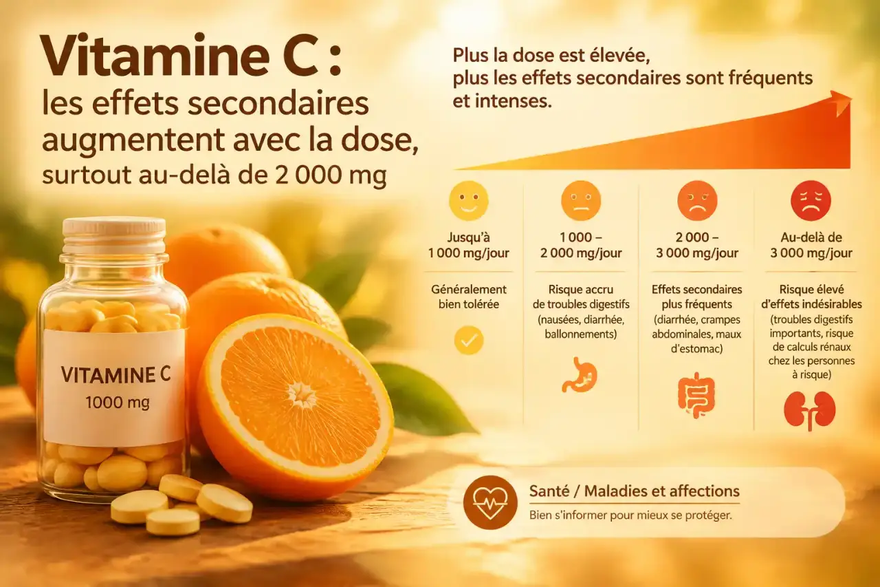 Vitamine C : les effets secondaires augmentent avec la dose, surtout au-delà de 2 000 mg