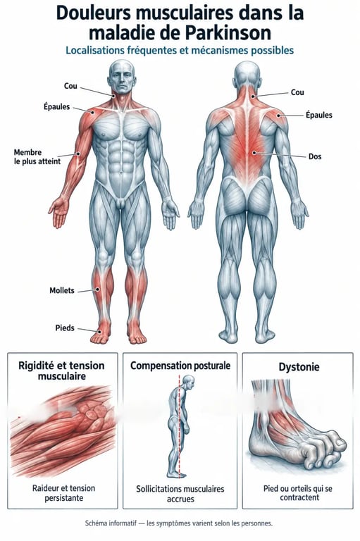 Schéma des douleurs musculaires dans la maladie de Parkinson et de leurs principales localisations