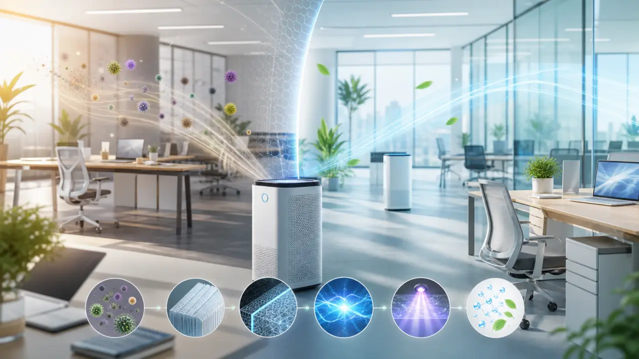 Visualisation 3D d'un flux d'air purifiant des particules dans un open space moderne