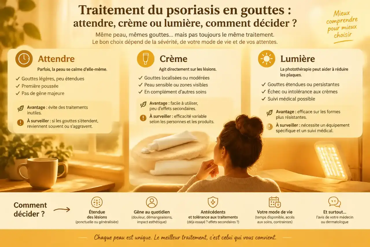 Traitement du psoriasis en gouttes : attendre, crème ou lumière, comment décider ?