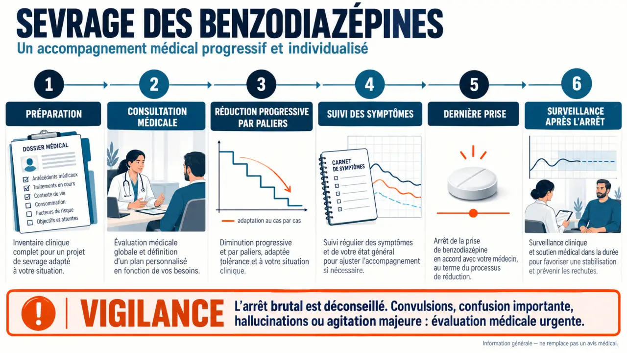Sevrage des benzodiazépines : parcours de réduction progressive et signes nécessitant un avis médical