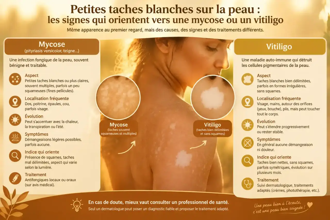 Petites taches blanches sur la peau : les signes qui orientent vers une mycose ou un vitiligo