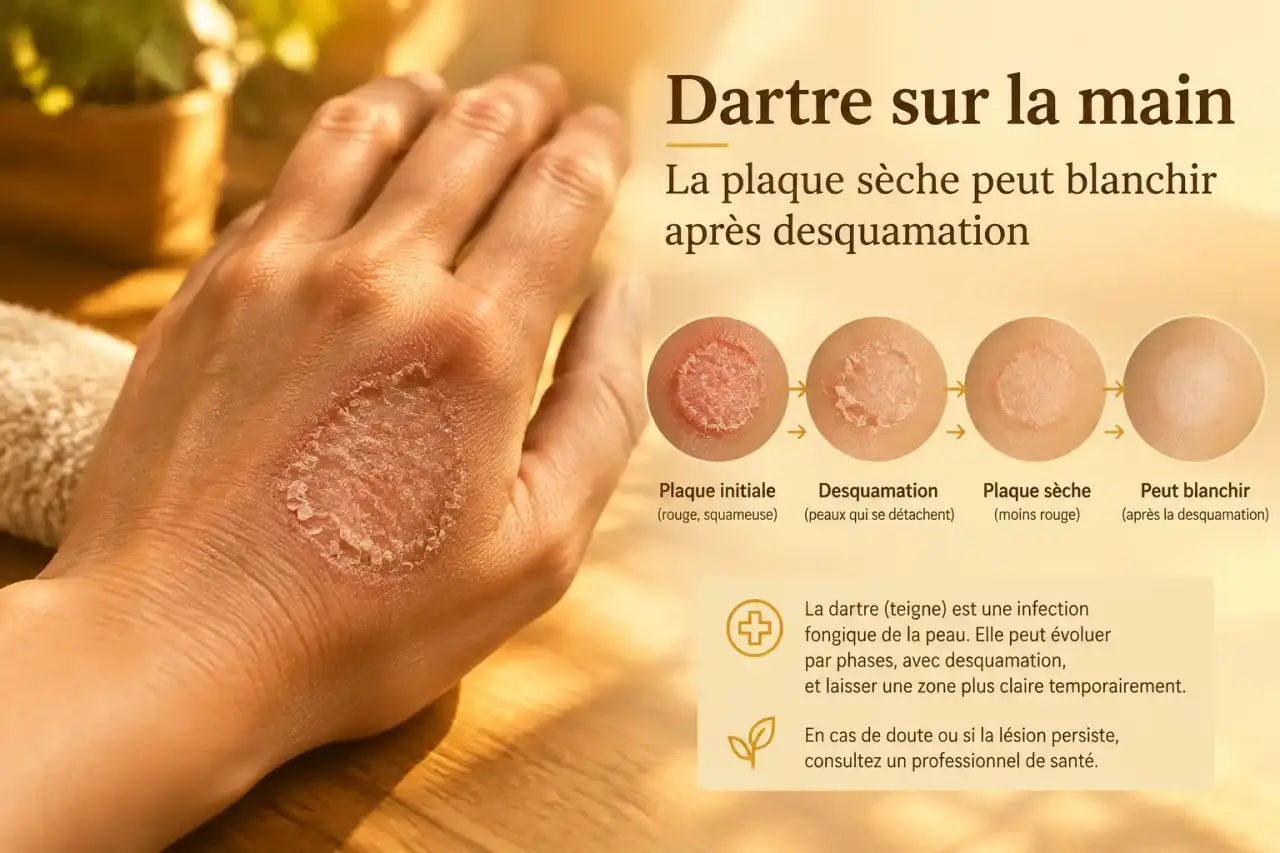 Dartre sur la main : la plaque sèche peut blanchir après desquamation