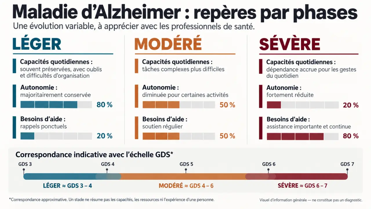 Infographie sur les stades Alzheimer, de la phase légère à la phase sévère et leur correspondance approximative avec l’échelle GDS