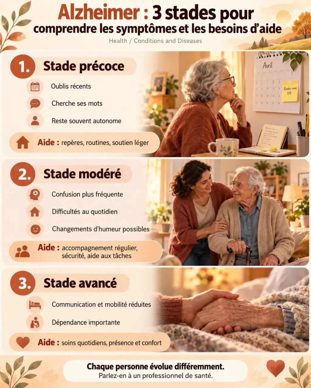 Alzheimer : 3 stades pour comprendre les symptômes et les besoins d’aide