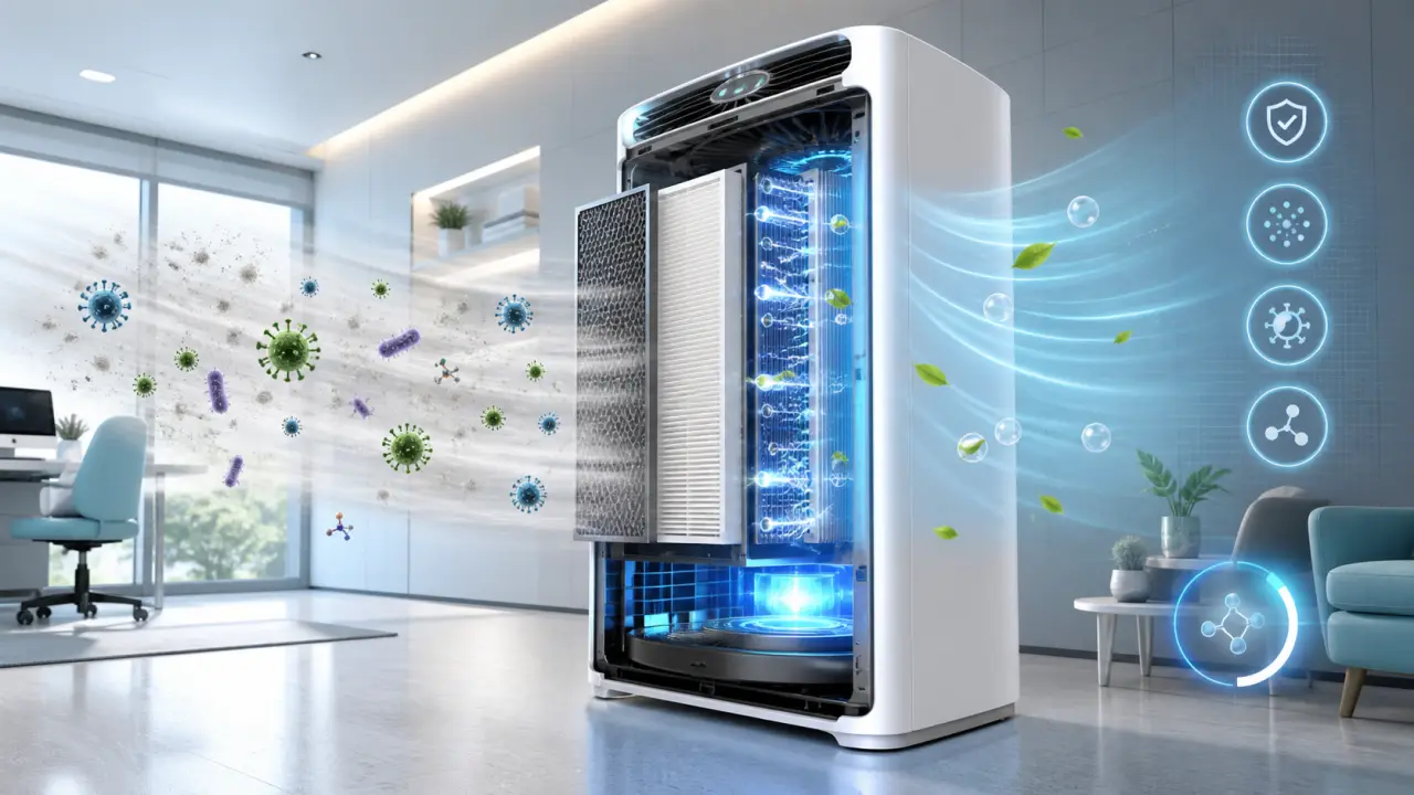 Visualisation 3D d’un flux d’air purifiant des particules virales dans un environnement clos