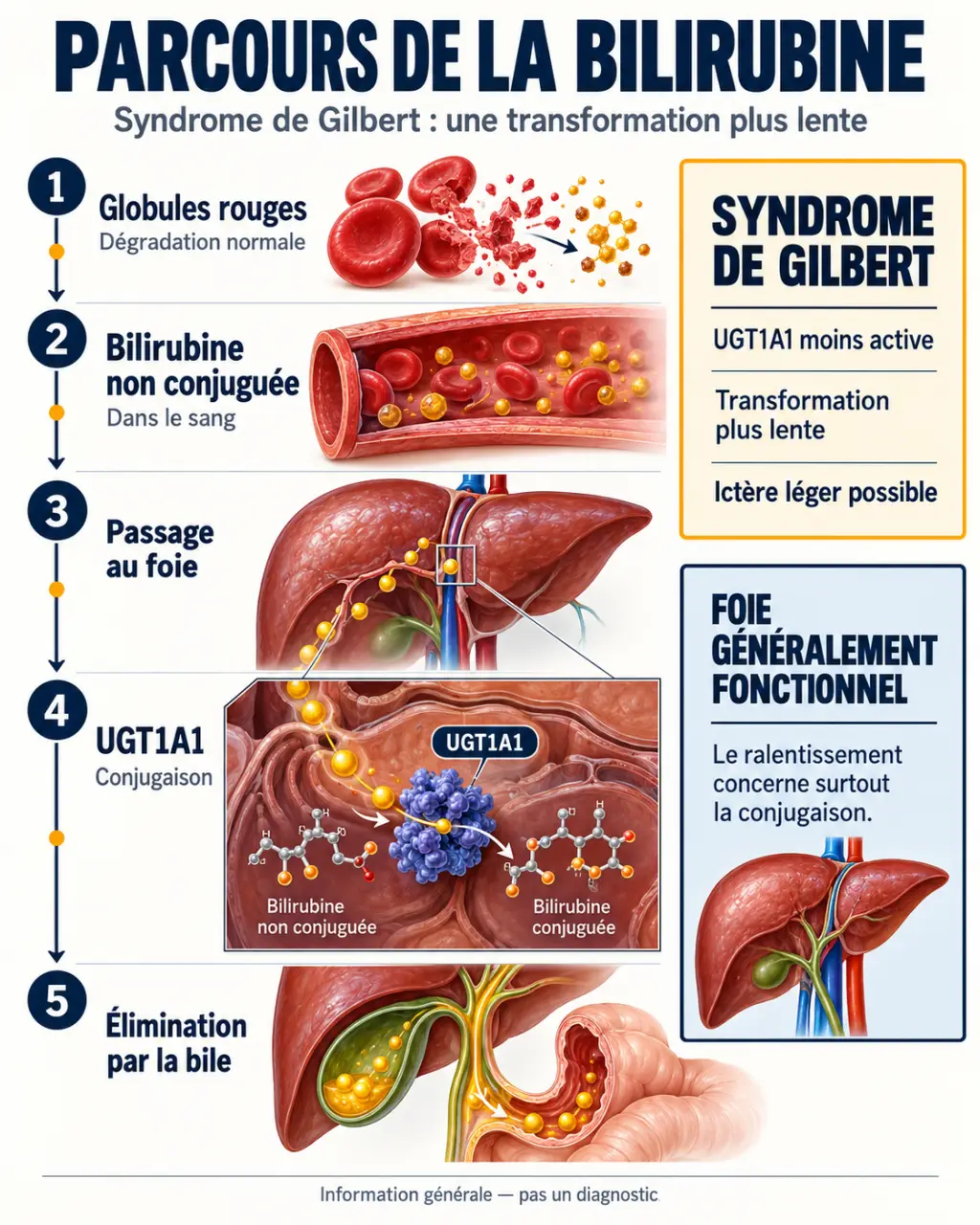 Infographie expliquant les symptômes de la maladie de Gilbert et le parcours de la bilirubine