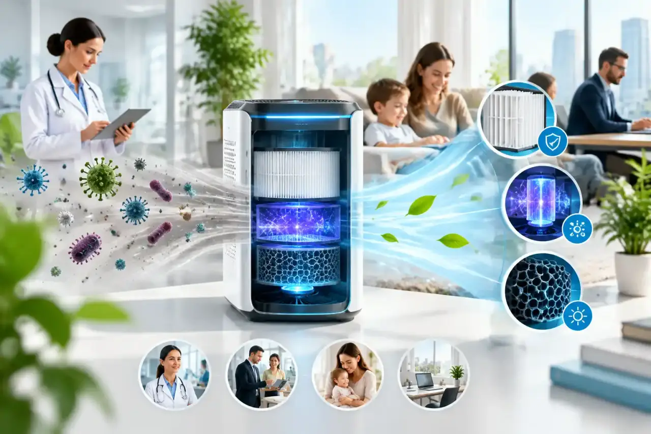 Visualisation 3D microscopique d'un flux d'air purifiant des particules virales