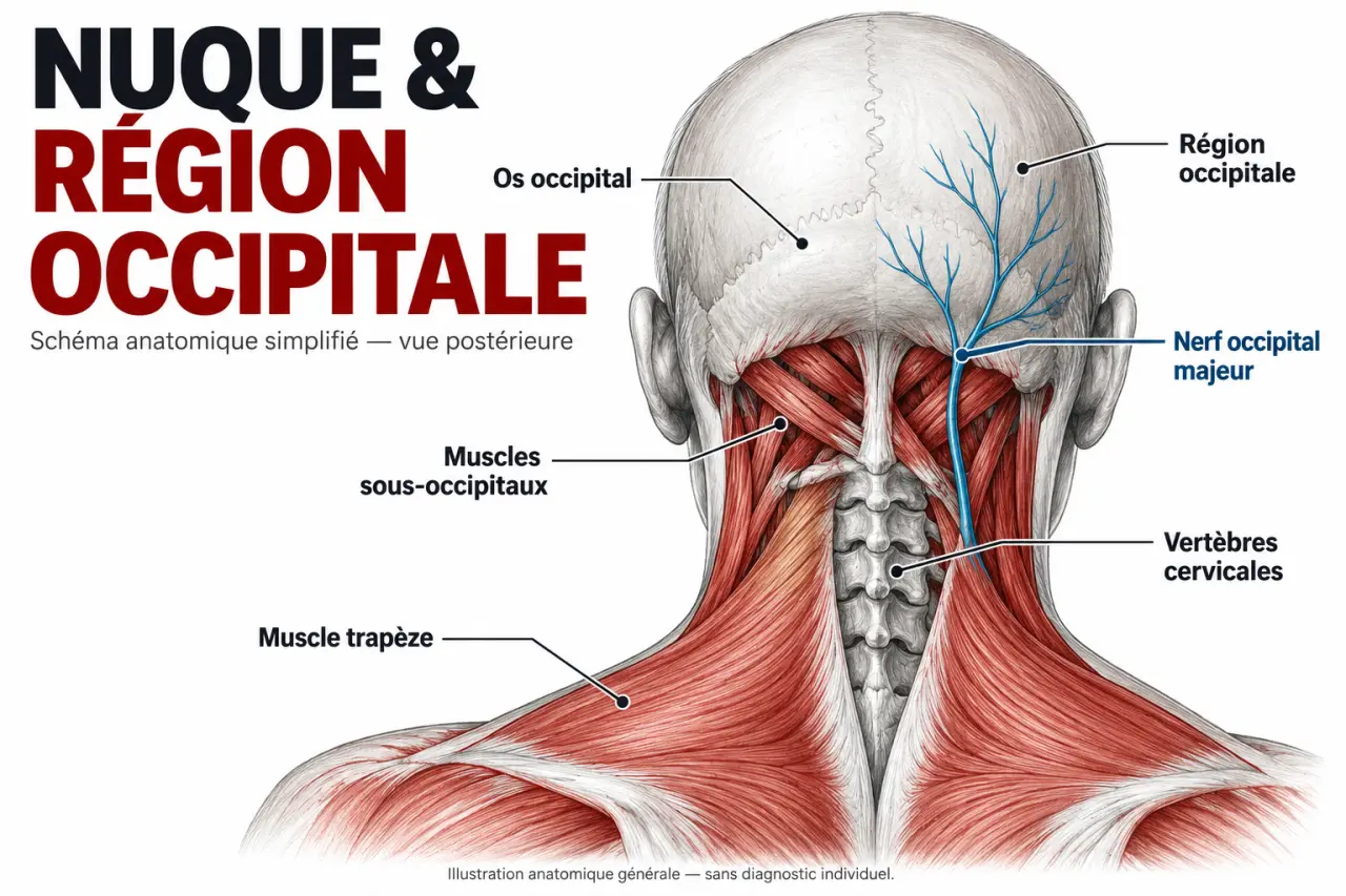 Schéma anatomique expliquant les causes possibles d’une douleur derrière la tête et le trajet du nerf occipital