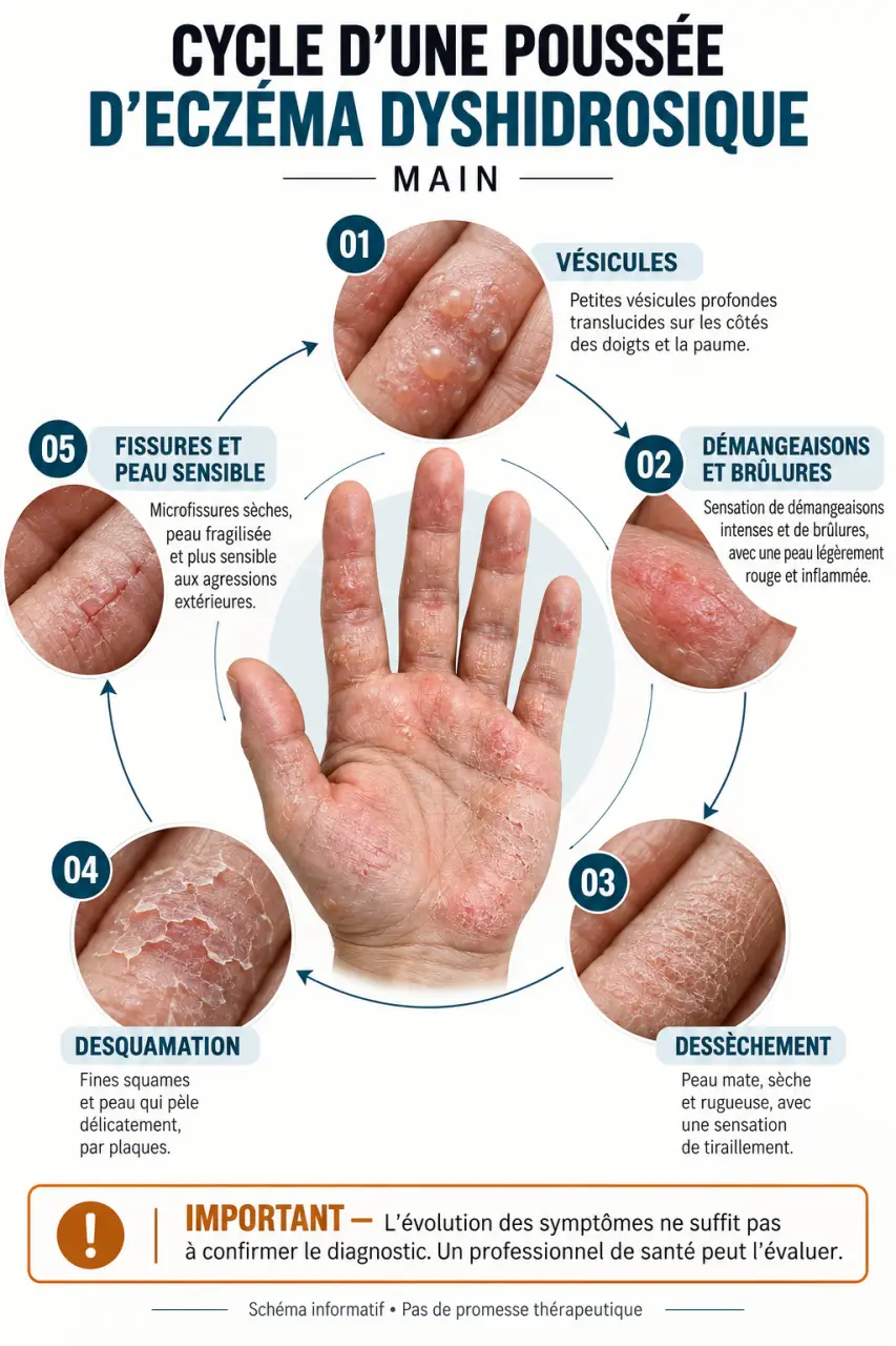 Cycle des symptômes de l’eczéma dyshidrose main des vésicules aux fissures