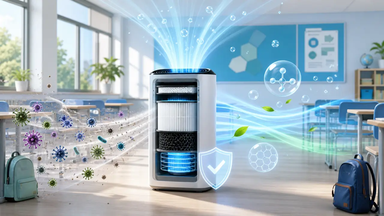 Flux d’air purifiant des particules virales dans une salle de classe moderne