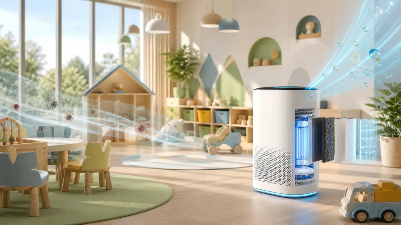 Visualisation 3D d’un flux d’air purifiant des particules dans une crèche moderne