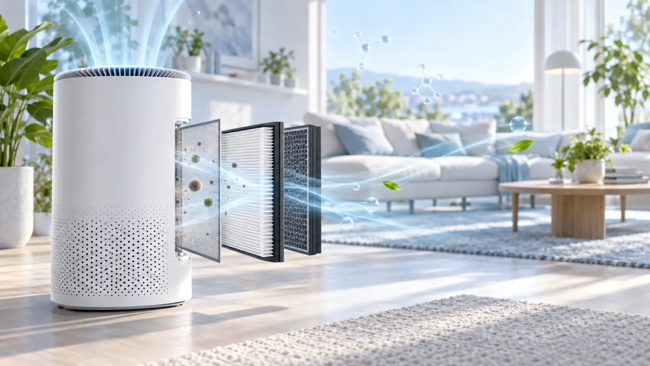 Purificateur d’air dans un intérieur lumineux, avec des particules filtrées