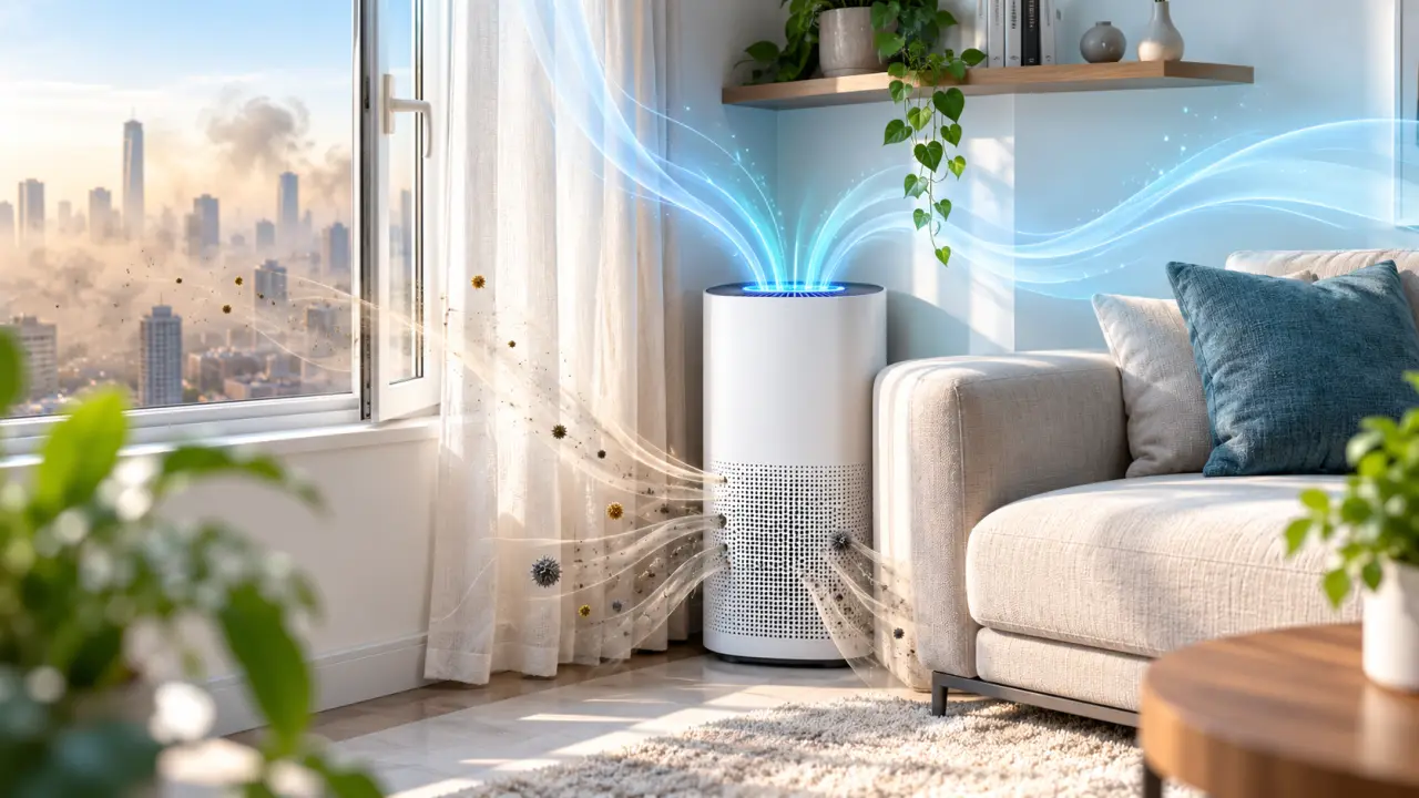 Purificateur d’air installé dans un intérieur lumineux et sain